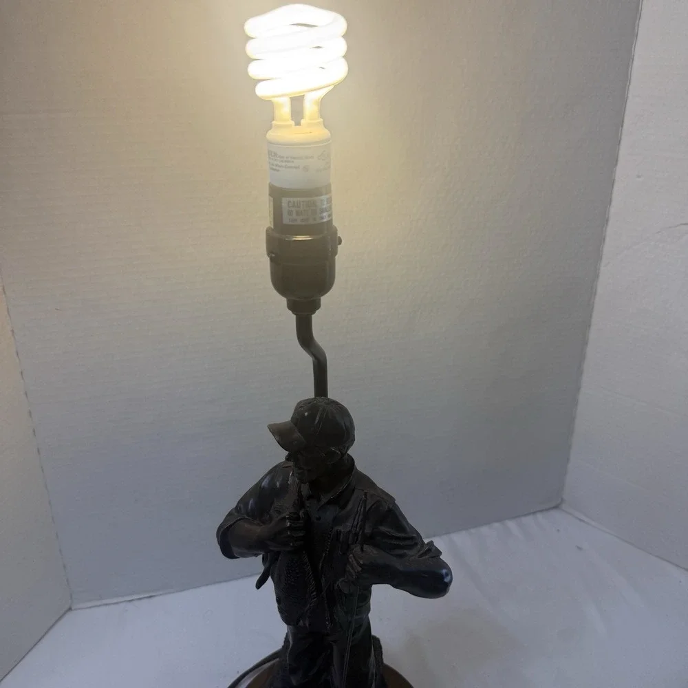 Vintage Fly Fisherman Bronze Sculpture Lamp Bass Trout Rustic Cabin Lake Decor